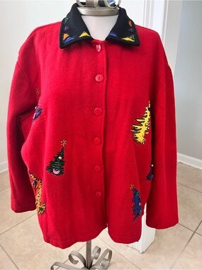 VTG Women's Red Embroidered Holiday Wool Blend Cardigan Sweater Christmas - Larg